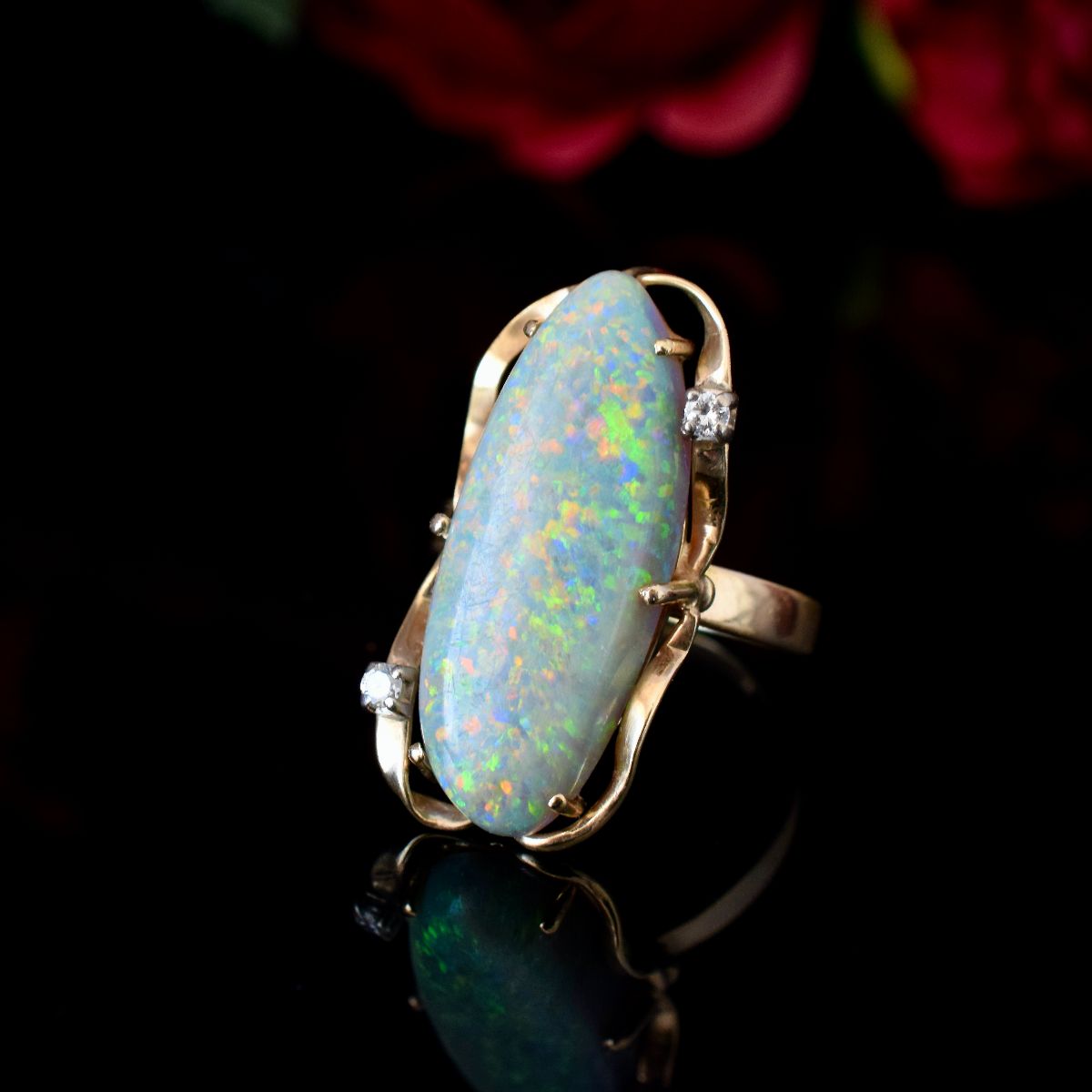 Vintage 9ct Yellow Gold Solid Coober Pedy ‘Pinfire’ Opal And Diamond Ring