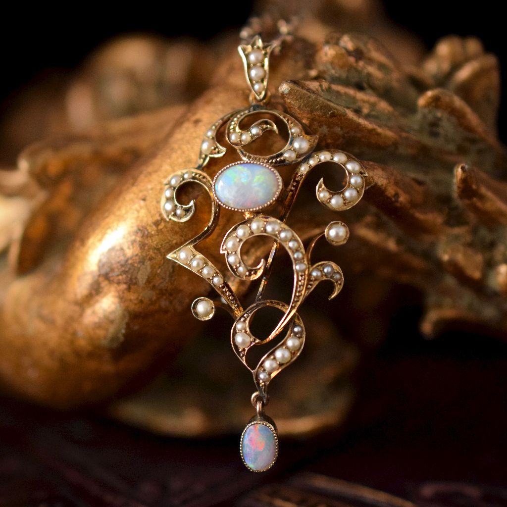 Antique 9ct Edwardian Opal And Seed Pearl Pendant Circa 1910