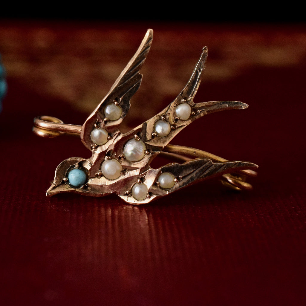 Antique Victorian 9ct Yellow Gold ‘Swallow’ Seed Pearl Turquoise Bird brooch by William Dunkling