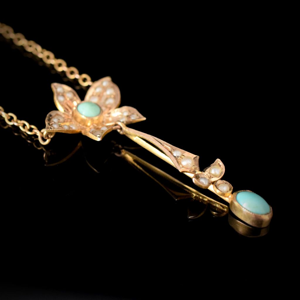 Antique Australian 9ct Rose Gold Turquoise Seed Pearl Necklace Willis and Sons