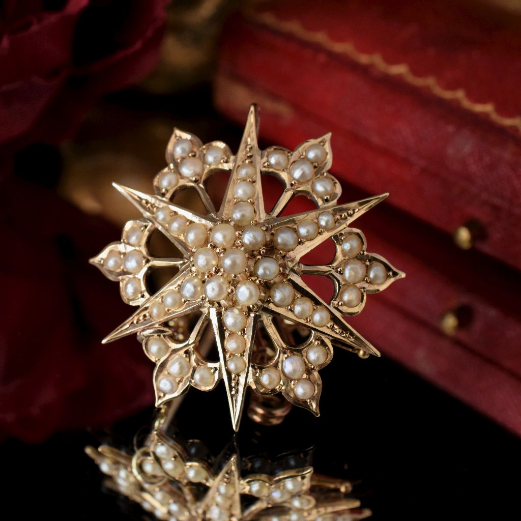 Antique Australian 15ct Yellow Gold Pearl Celestial ‘Starburst’ Brooch/Pendant By Willis And Sons Circa 1890