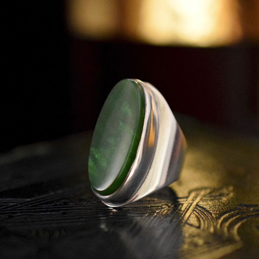 Vintage Massive Danish Sterling Silver Nephrite Jade Statement Ring 17.81 Grams