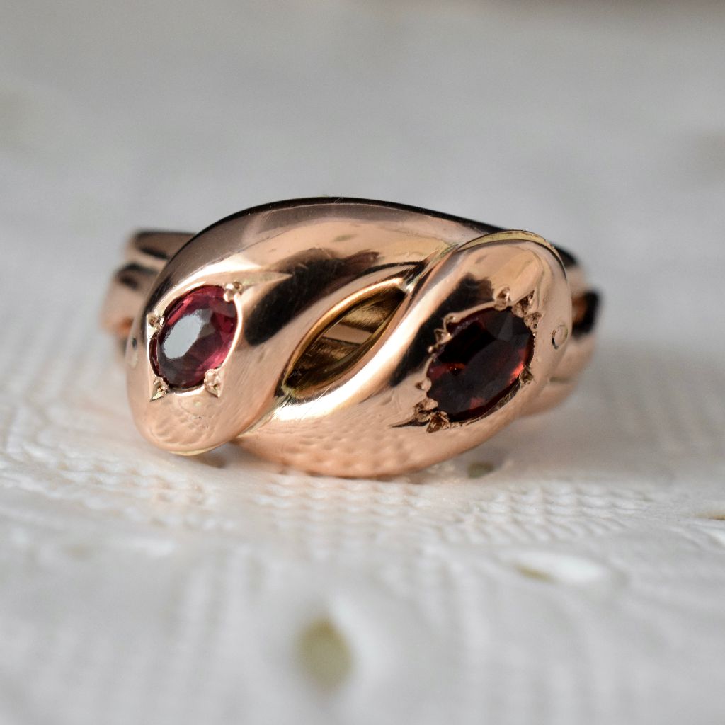 Antique Edwardian 9ct Rose Gold Garnet Double Snake ring Birmingham 1906