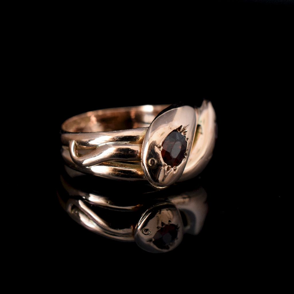 Antique Edwardian 9ct Rose Gold Garnet Double Snake ring Birmingham 1906