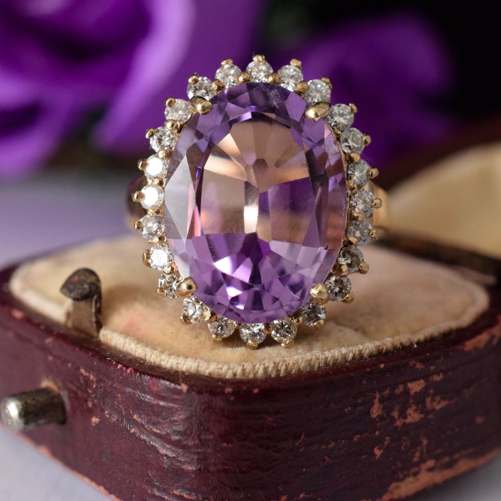 Vintage/Modern 9ct Yellow Gold Amethyst And Diamond Ring