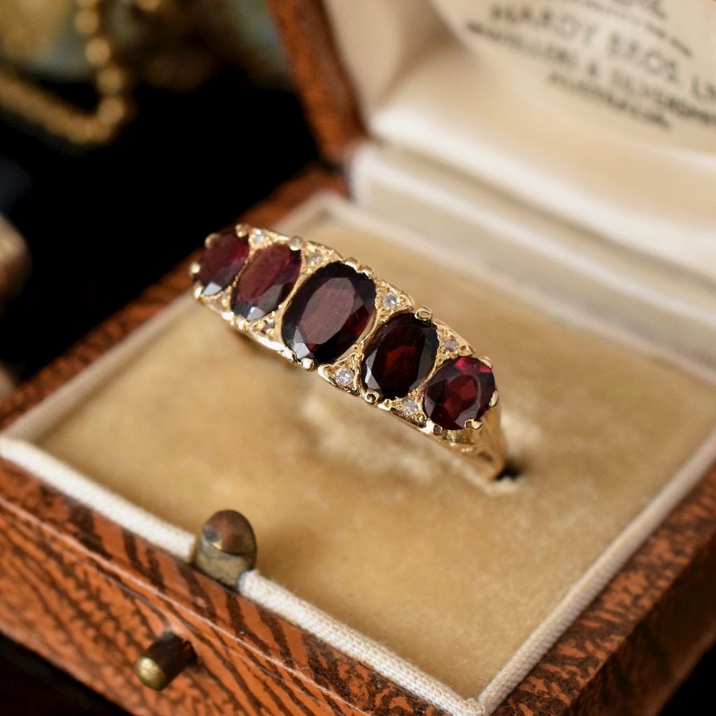Vintage 9ct Rose Gold Garnet And Diamond Five Stone Ring