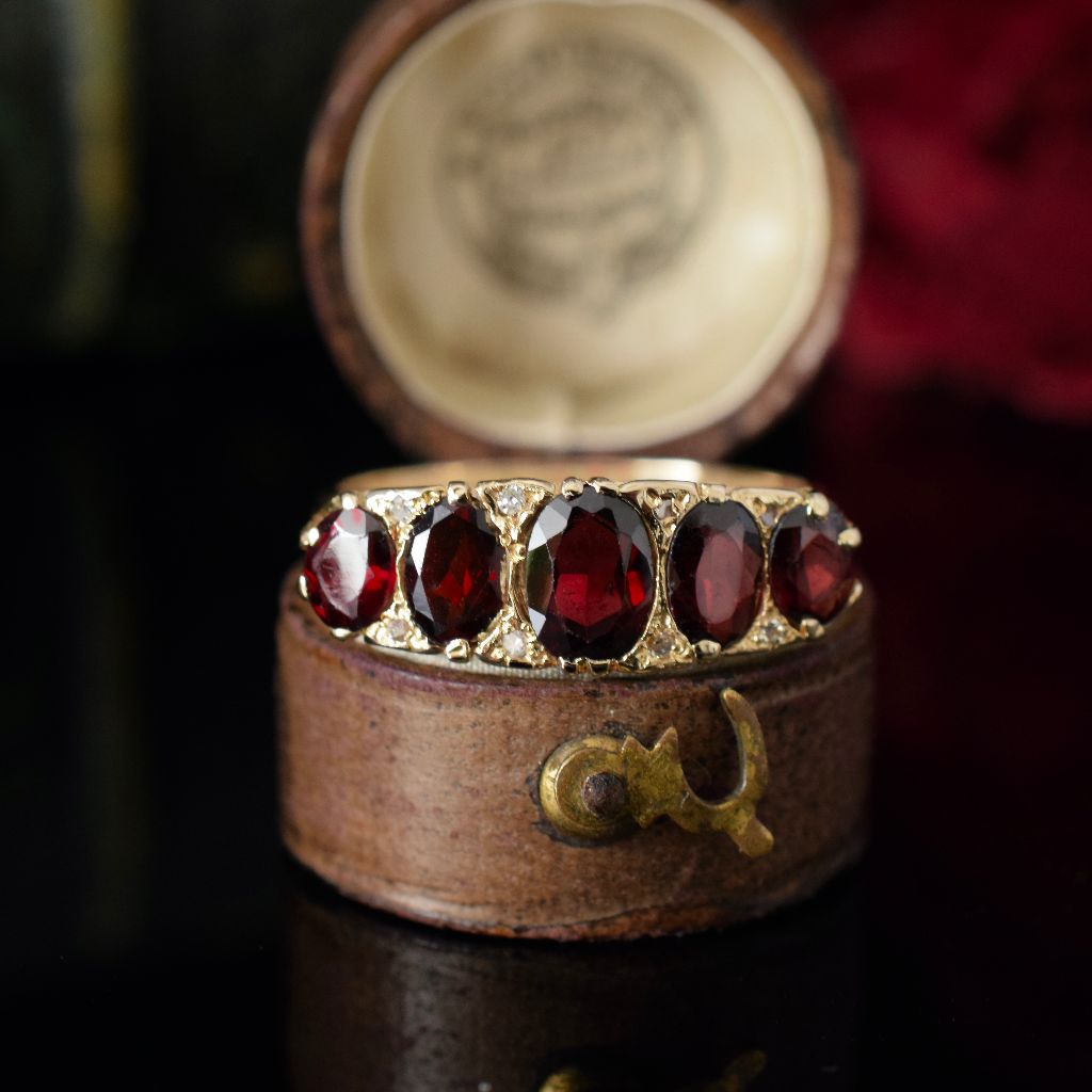 Vintage 9ct Rose Gold Garnet And Diamond Five Stone Ring