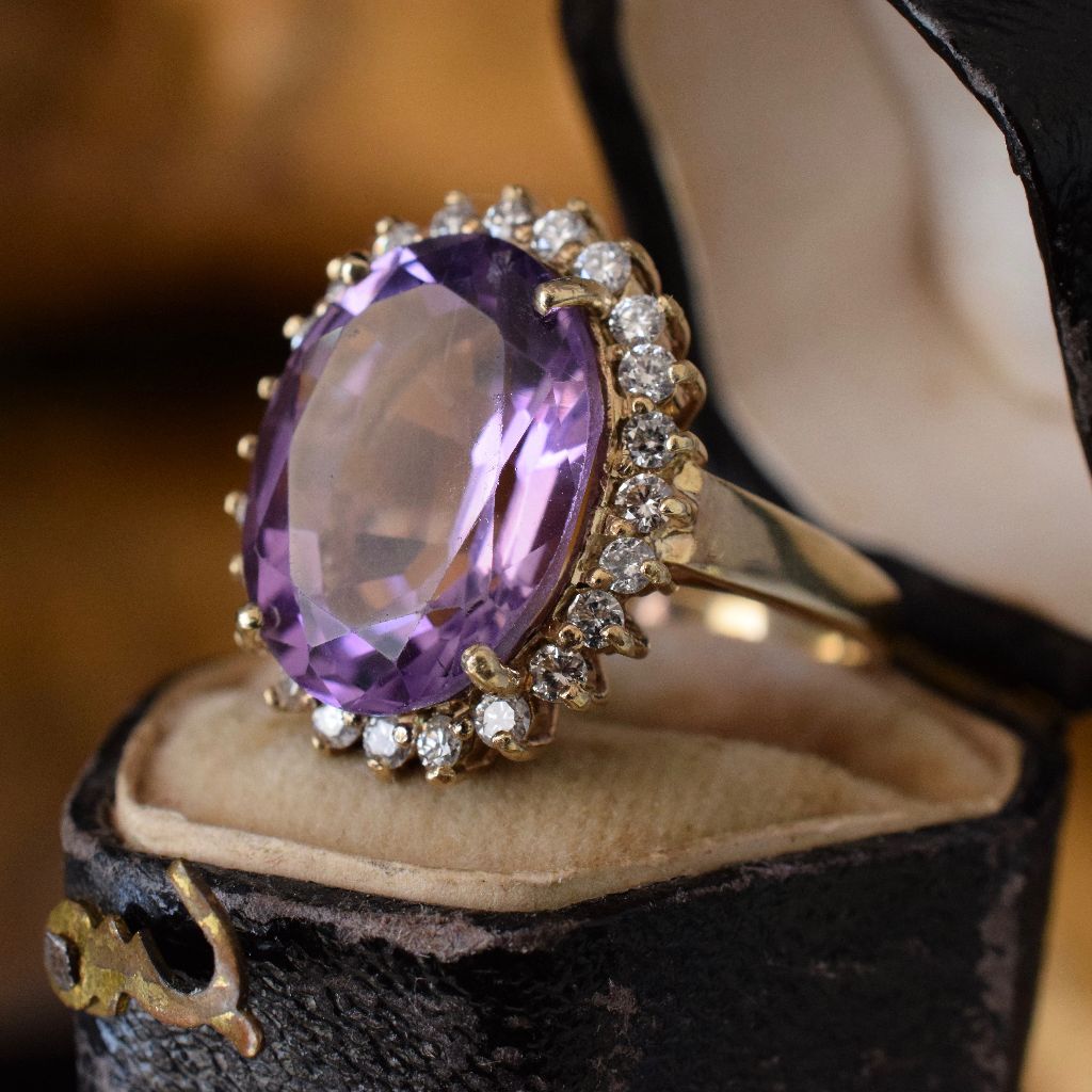 Vintage/Modern 9ct Yellow Gold Amethyst And Diamond Ring