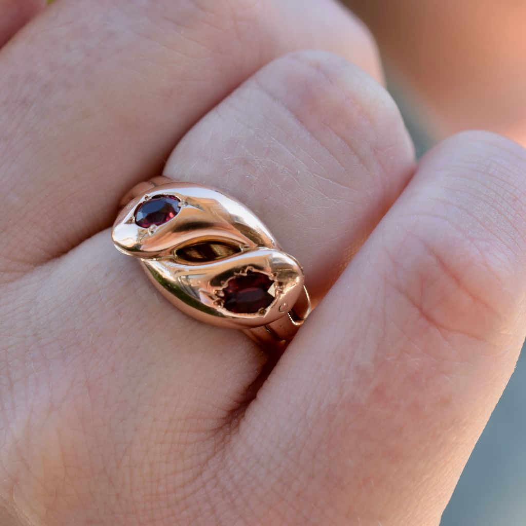 Antique Edwardian 9ct Rose Gold Garnet Double Snake ring Birmingham 1906