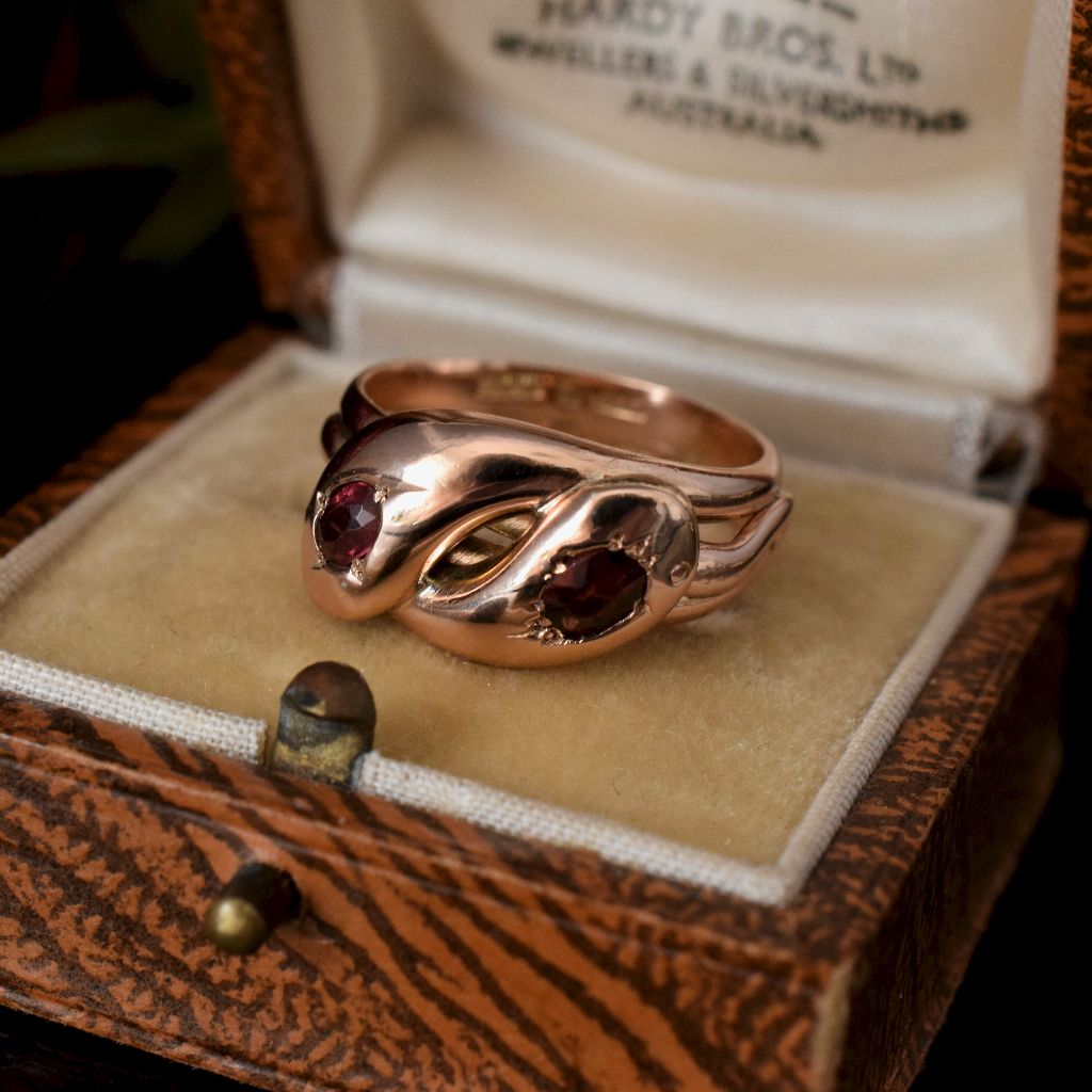 Antique Edwardian 9ct Rose Gold Garnet Double Snake ring Birmingham 1906