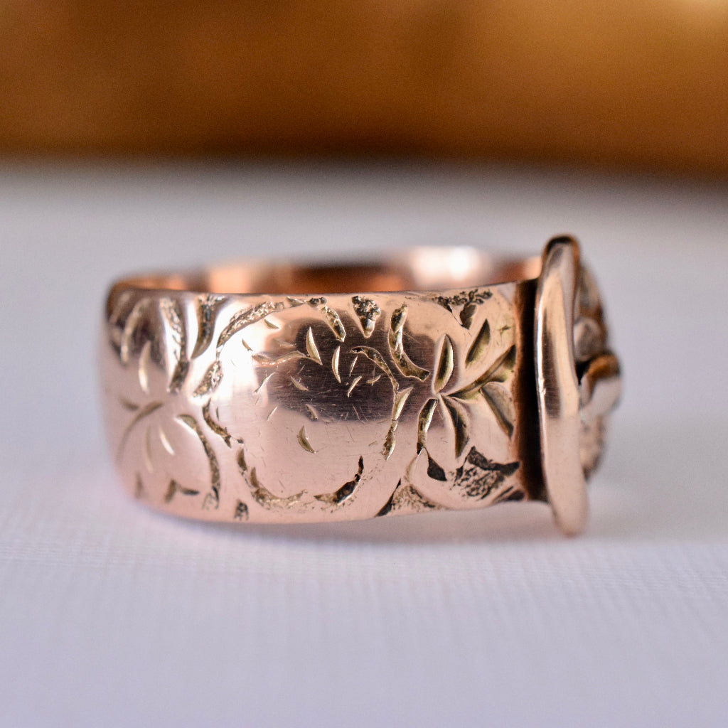 Antique 9ct Rose Gold Wide Patterned Buckle Ring 1916