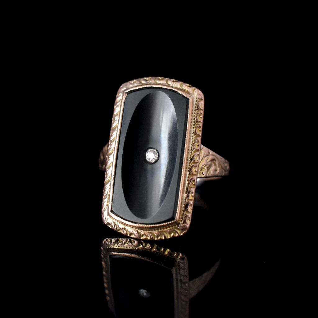 Antique / Vintage 9ct Rose Gold Onyx Diamond Ring