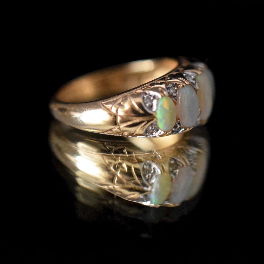 Stunning Five Stone Opal And Diamond 9ct Yellow Gold Ring