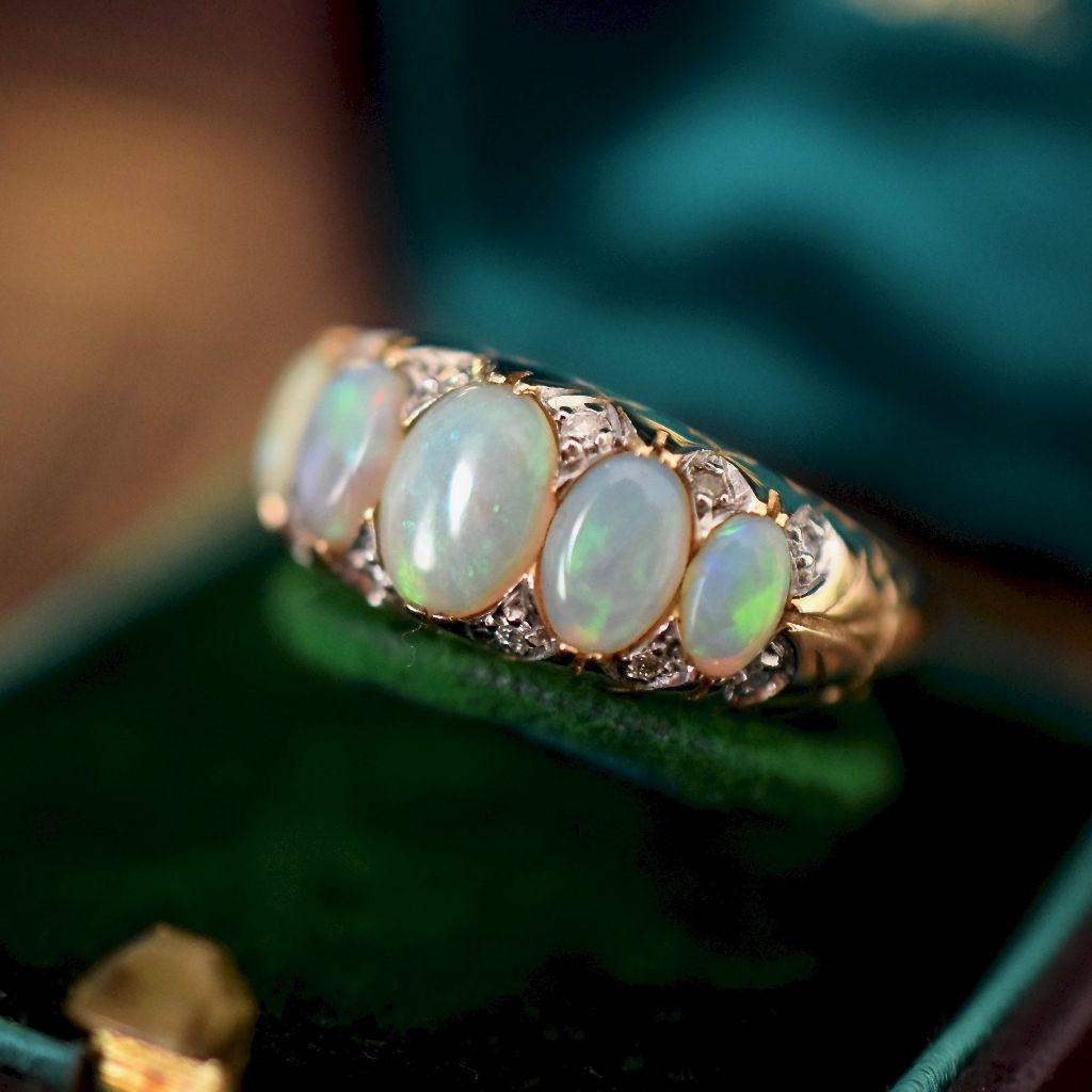 Stunning Five Stone Opal And Diamond 9ct Yellow Gold Ring