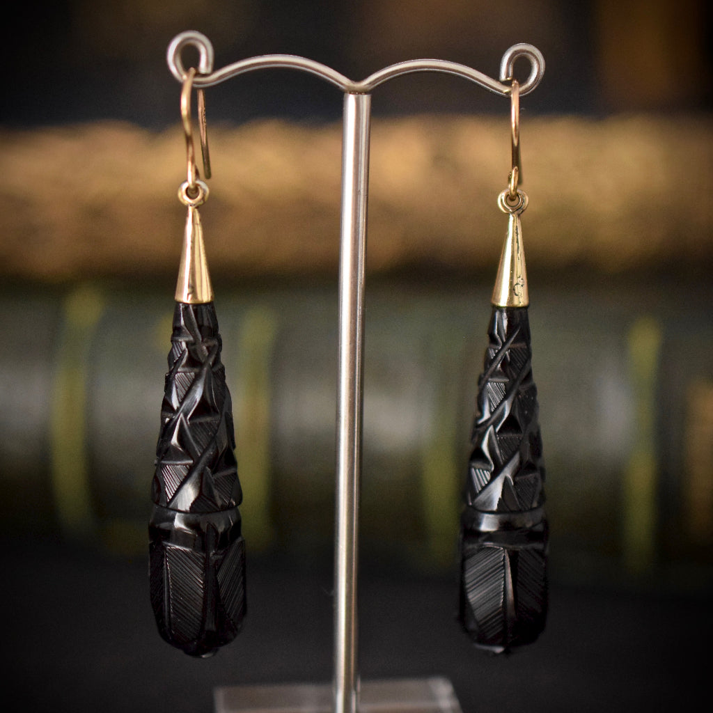 Victorian Carved Whitby Jet Drop Earrings Circa 1880