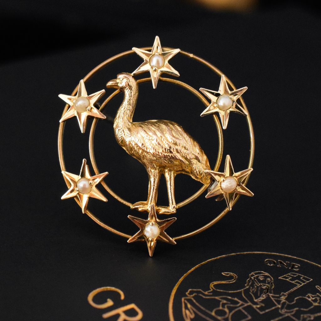 Antique Australian 9ct Federation ‘Emu’ Brooch By Willis and Sons Circa 1901