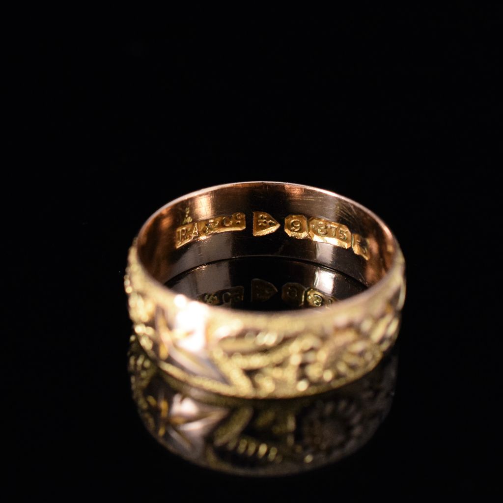 Antique 9ct Yellow Gold Wide Floral Wedding Ring Assayed in Chester 1901