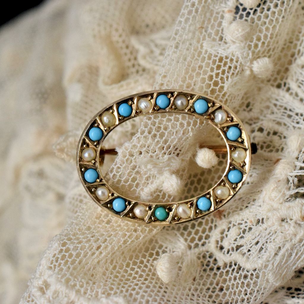 Antique Australian 9ct Turquoise And Seed Pearl Brooch Circa 1910