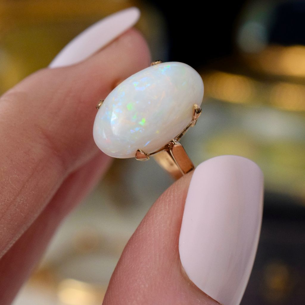 Vintage 9ct Yellow Gold Solid White Opal Cabochon Ring