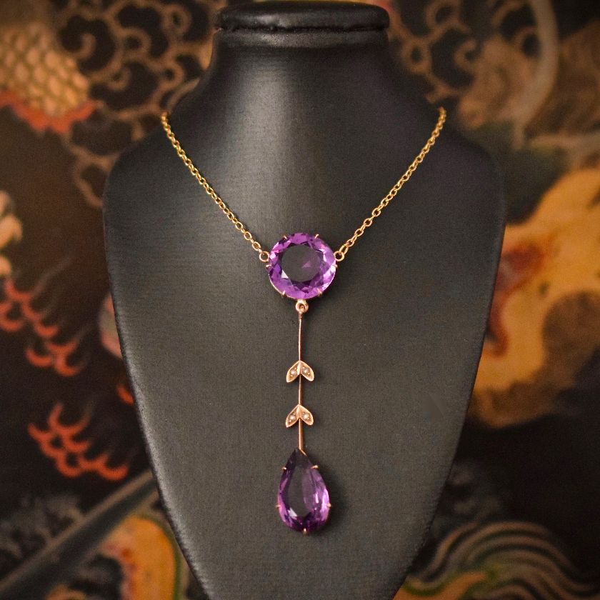 Magnificent Antique Circa 1910 Natural Amethyst / Seed Pearl 9ct Gold Lavaliere by Joseph Lawrence