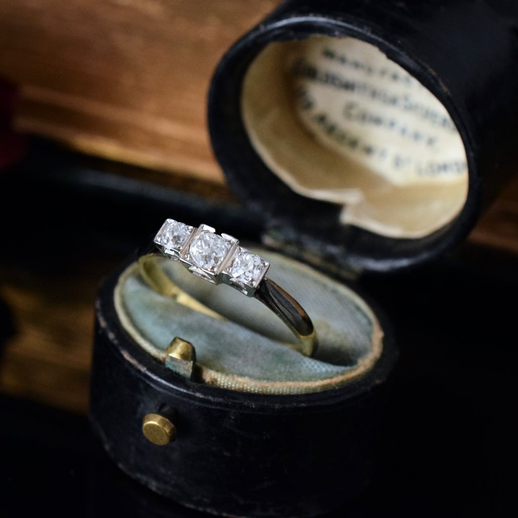 Antique 18ct Gold Old Mine Cut Diamond Trilogy Ring Circa 1930’s