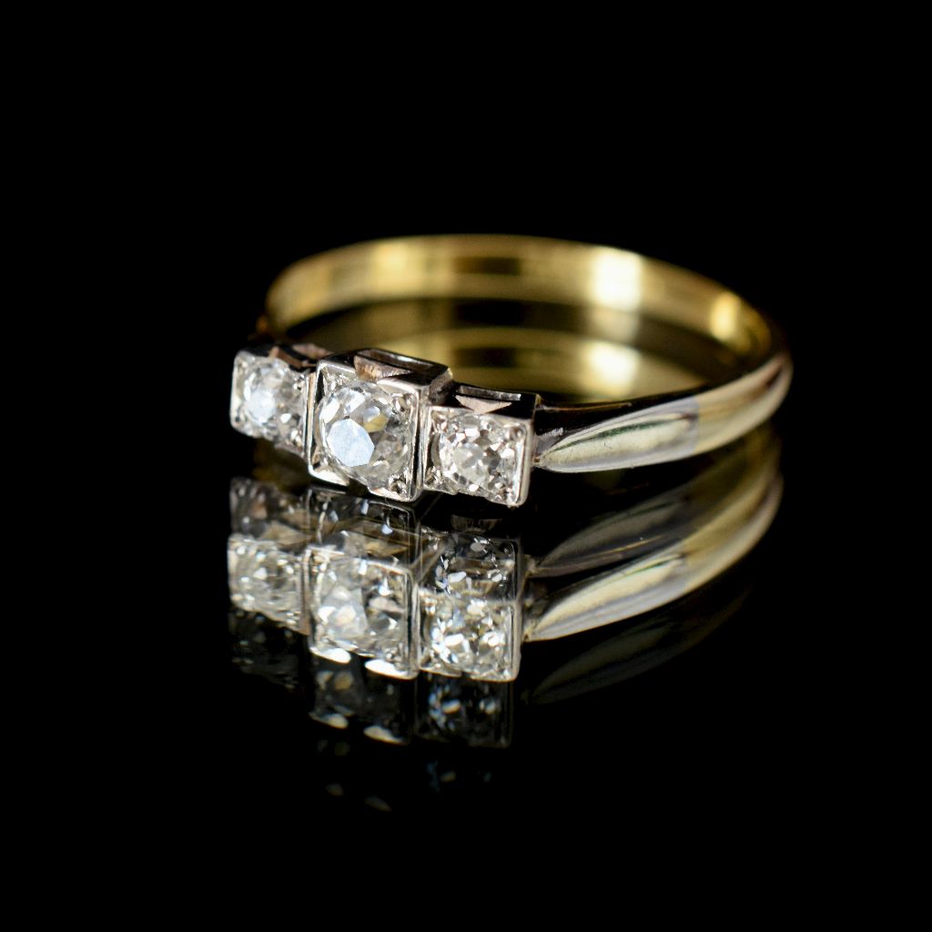 Antique 18ct Gold Old Mine Cut Diamond Trilogy Ring Circa 1930’s