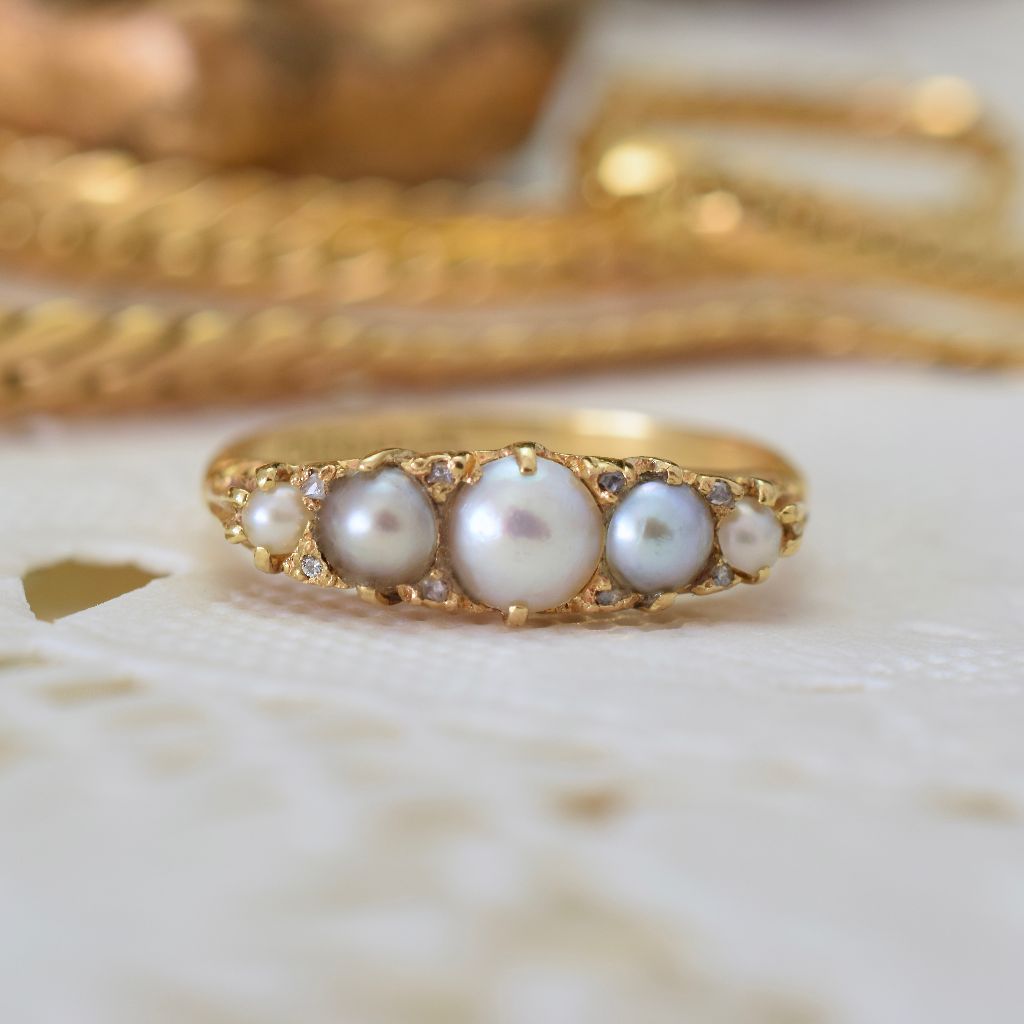 Antique 18ct Yellow Gold Natural Pearl And Diamond Half Hoop 1910