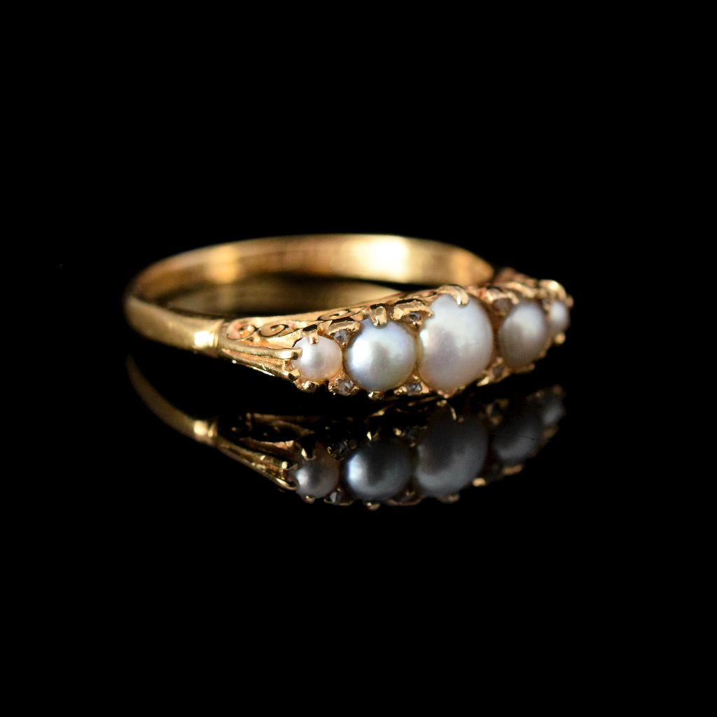 Antique 18ct Yellow Gold Natural Pearl And Diamond Half Hoop 1910