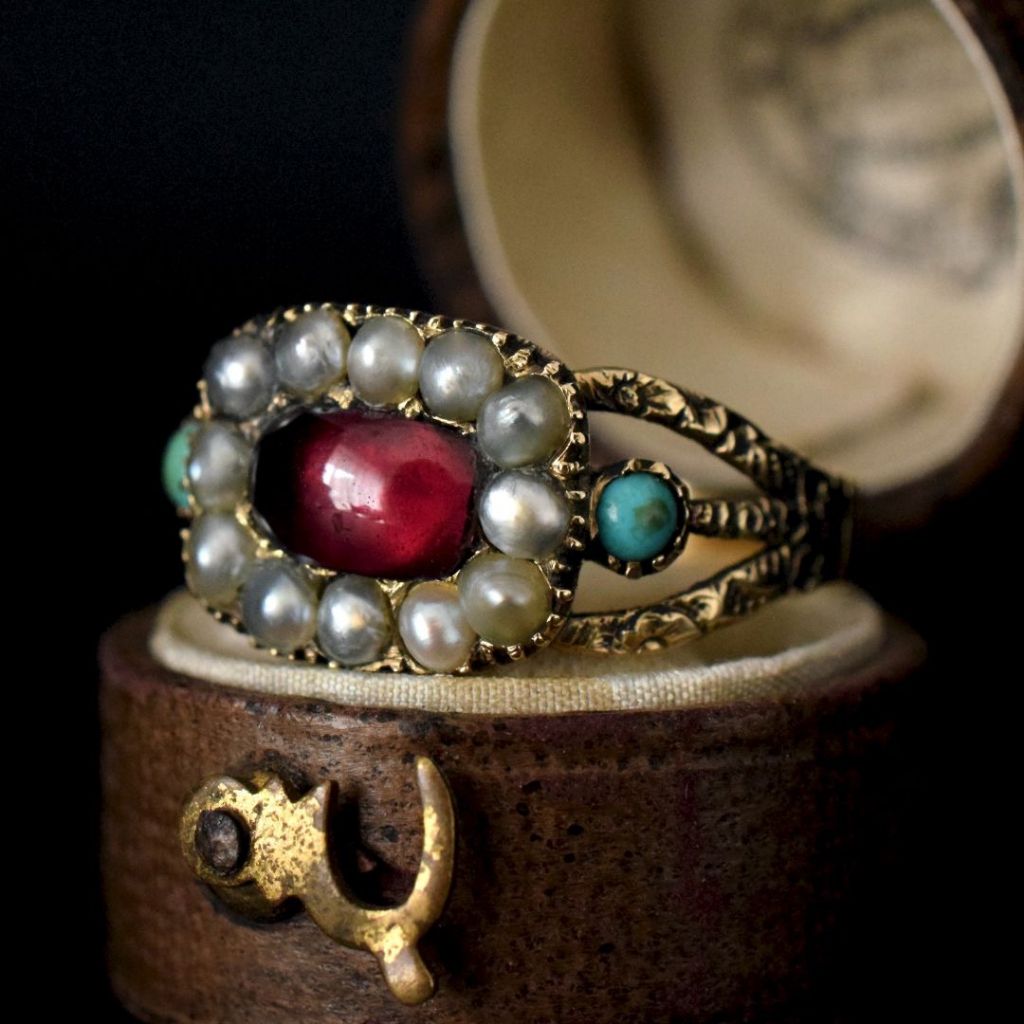 Antique Georgian 15ct Garnet, Seed Pearl, Turquoise Ring Circa 1820