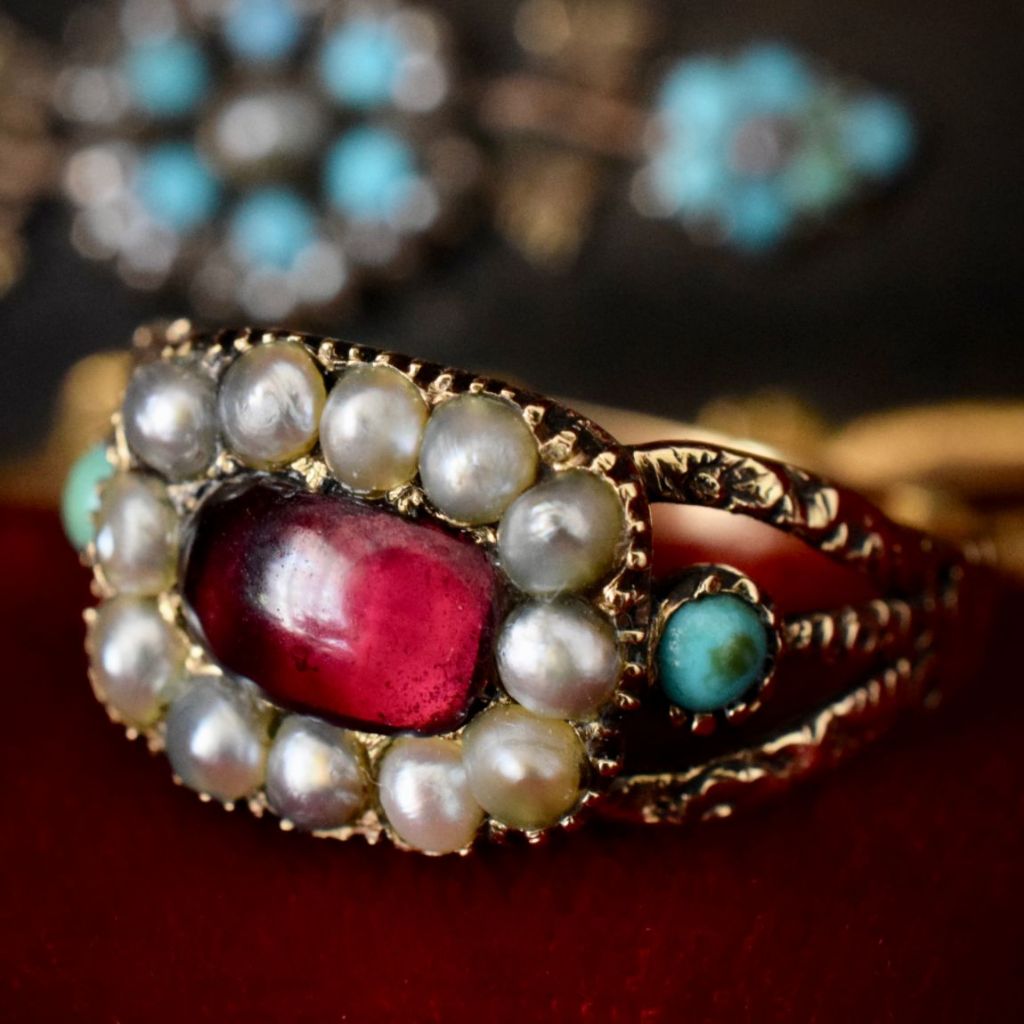 Antique Georgian 15ct Garnet, Seed Pearl, Turquoise Ring Circa 1820