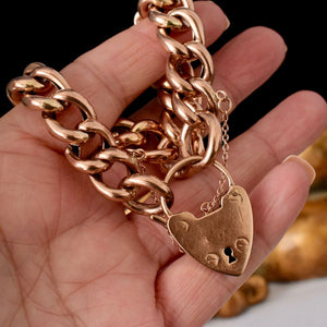Antique 15kt rose gold hollow curb link bracelet with heart clasp