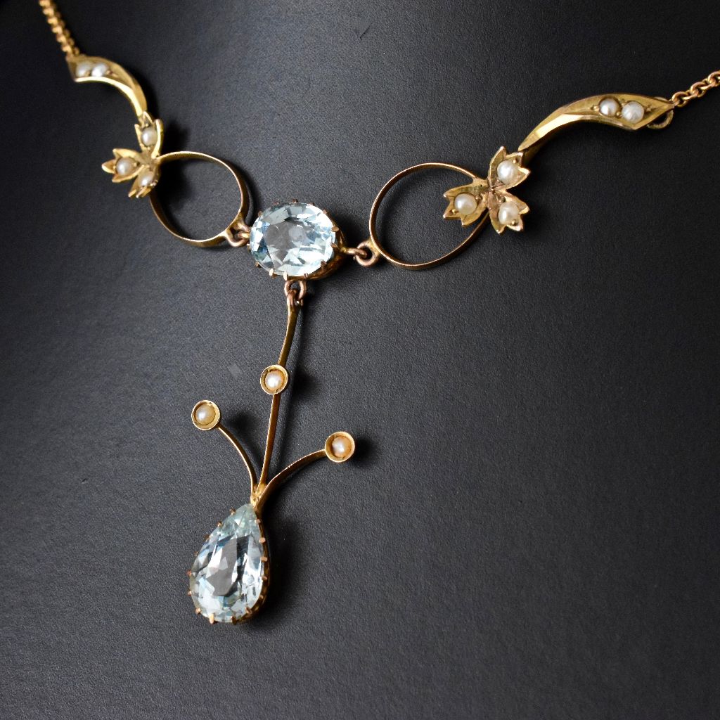 Antique Edwardian Aquamarine Seed Pearl 9ct Gold Willis and Sons Necklace circa 1912