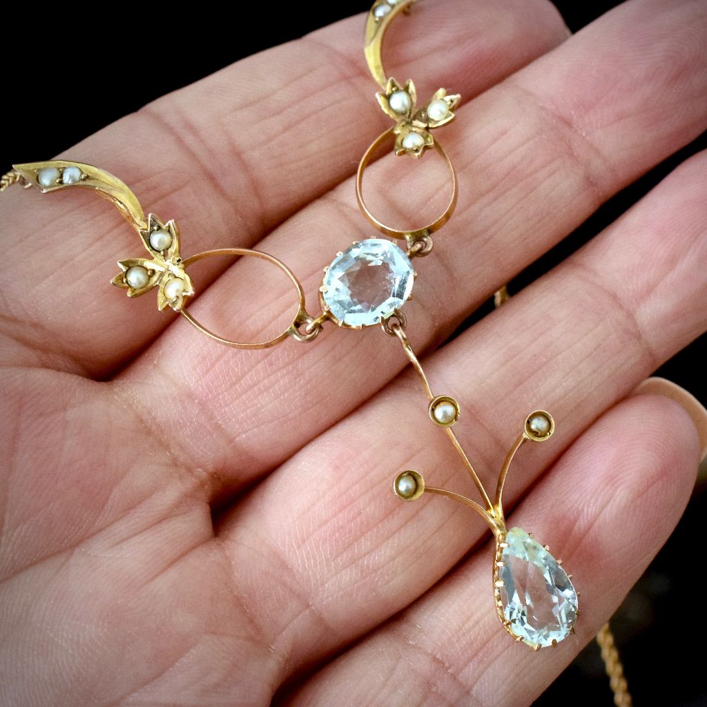 Antique Edwardian Aquamarine Seed Pearl 9ct Gold Willis and Sons Necklace circa 1912