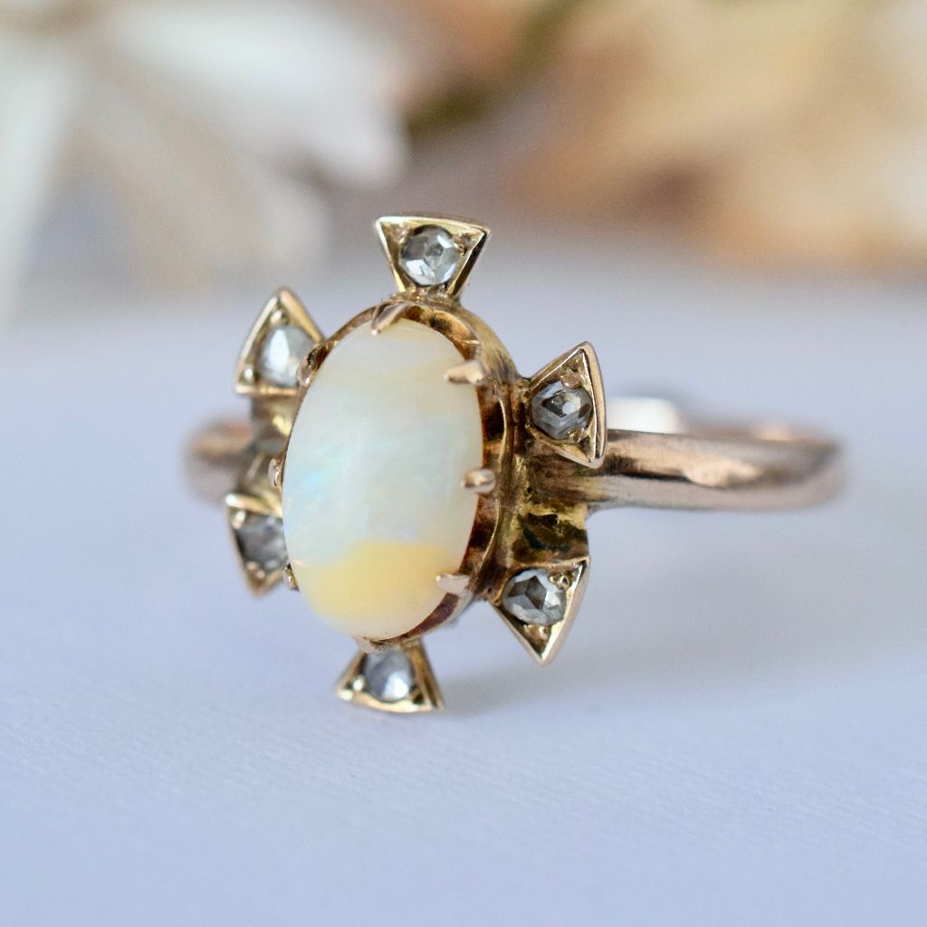 Antique 9ct Rose Gold Opal And Rose-Cut Diamond Ring