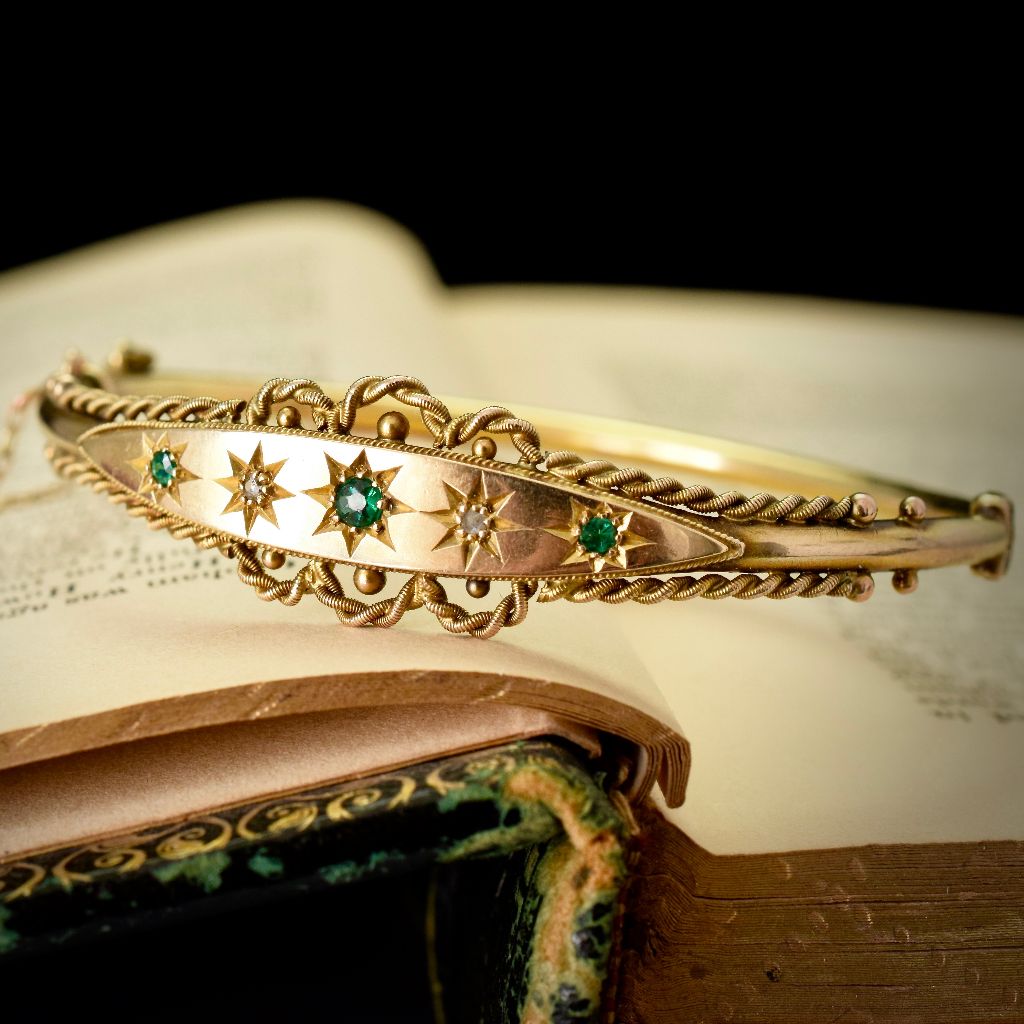 Antique Edwardian 9ct Rose-Cut Diamond Green Stone Bangle Bracelet Circa 1910