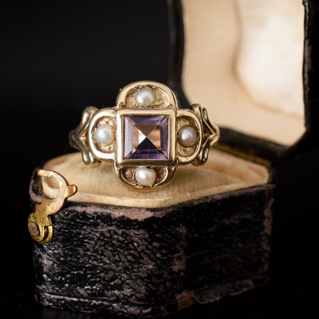 Modern 9ct Yellow Gold Amethyst Glass Pearl Ring