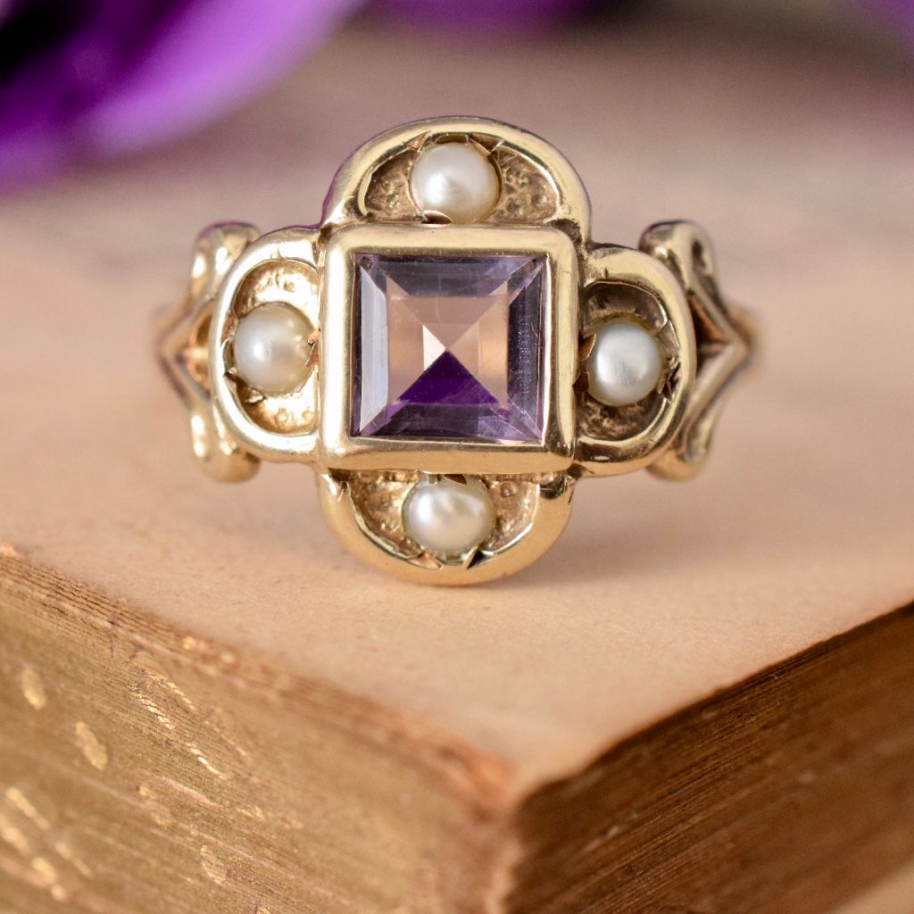 Modern 9ct Yellow Gold Amethyst Glass Pearl Ring