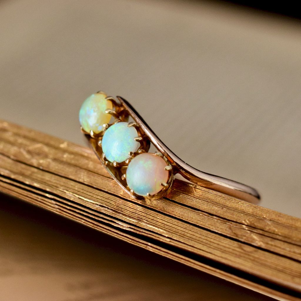 Antique / Vintage 9ct Rose Gold Solid Opal Trilogy Ring