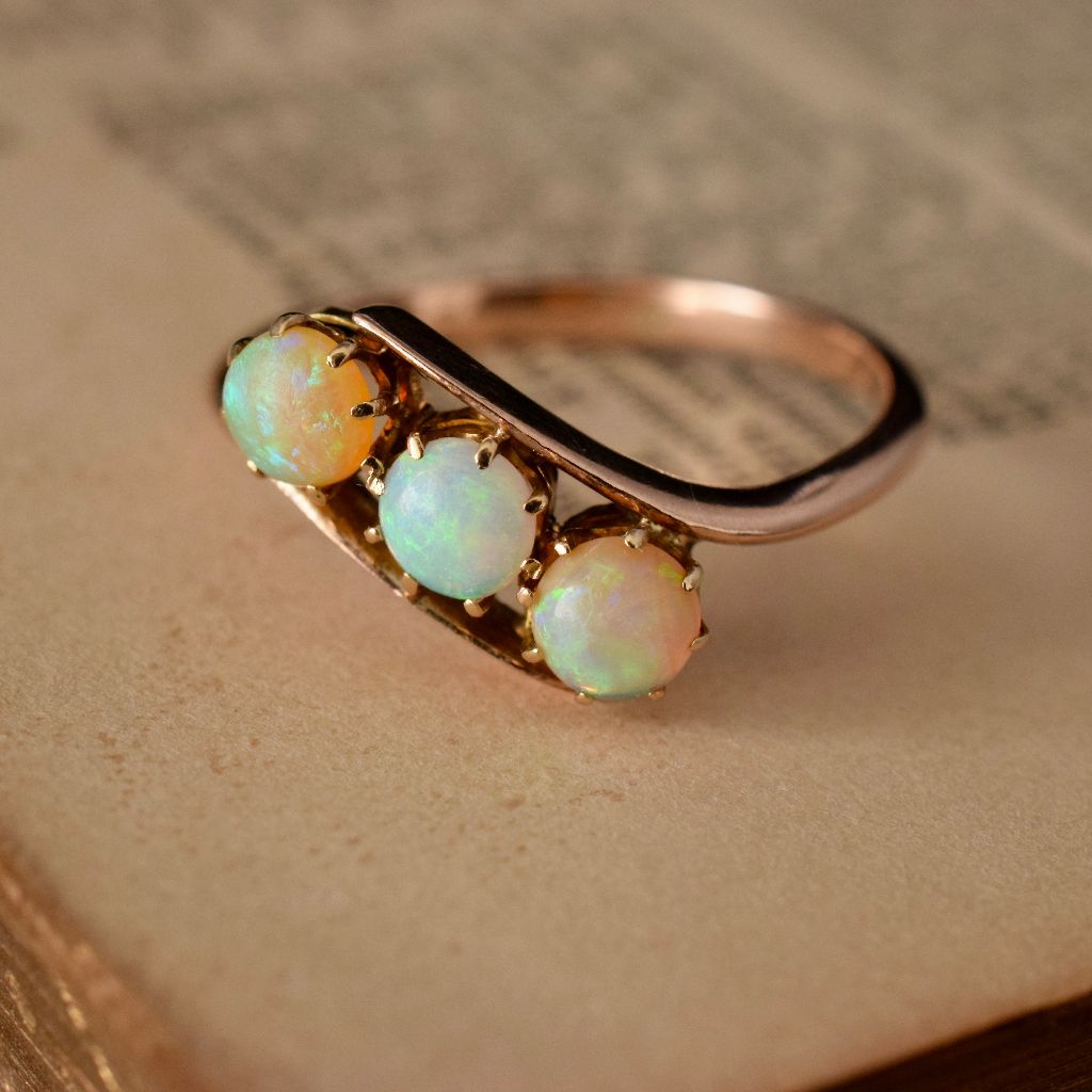 Antique / Vintage 9ct Rose Gold Solid Opal Trilogy Ring