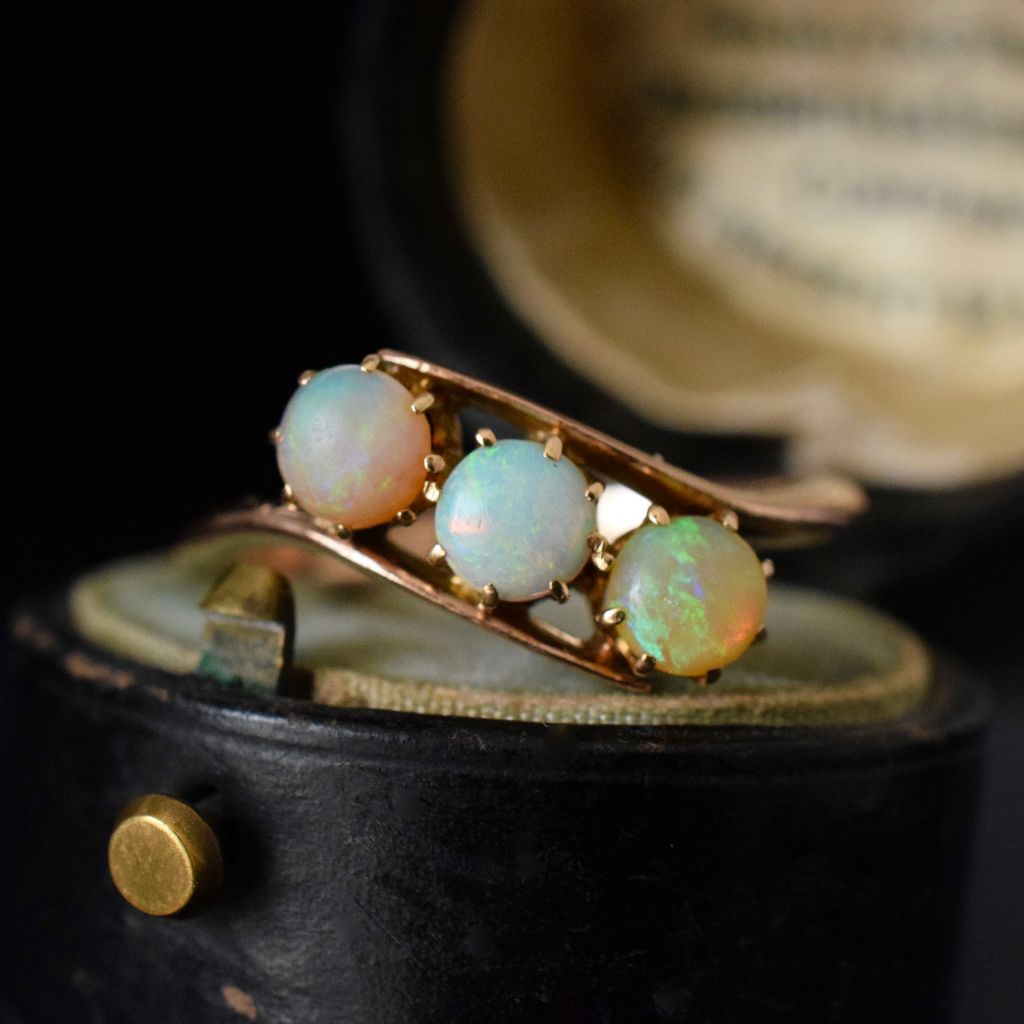 Antique / Vintage 9ct Rose Gold Solid Opal Trilogy Ring