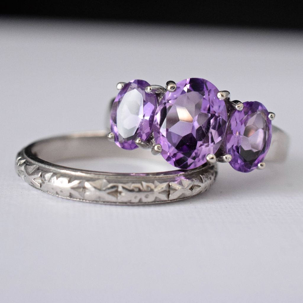 Modern 9ct White Gold Oval Amethyst Trilogy Ring