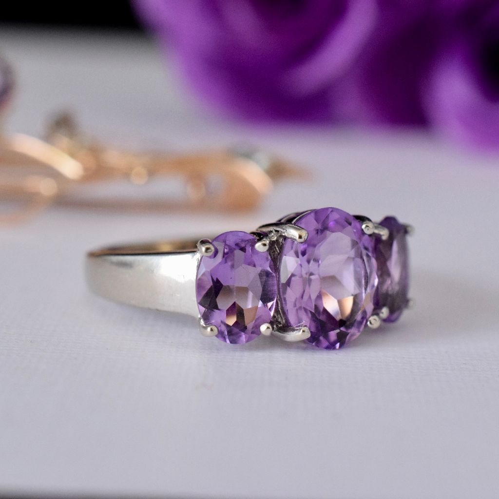 Modern 9ct White Gold Oval Amethyst Trilogy Ring