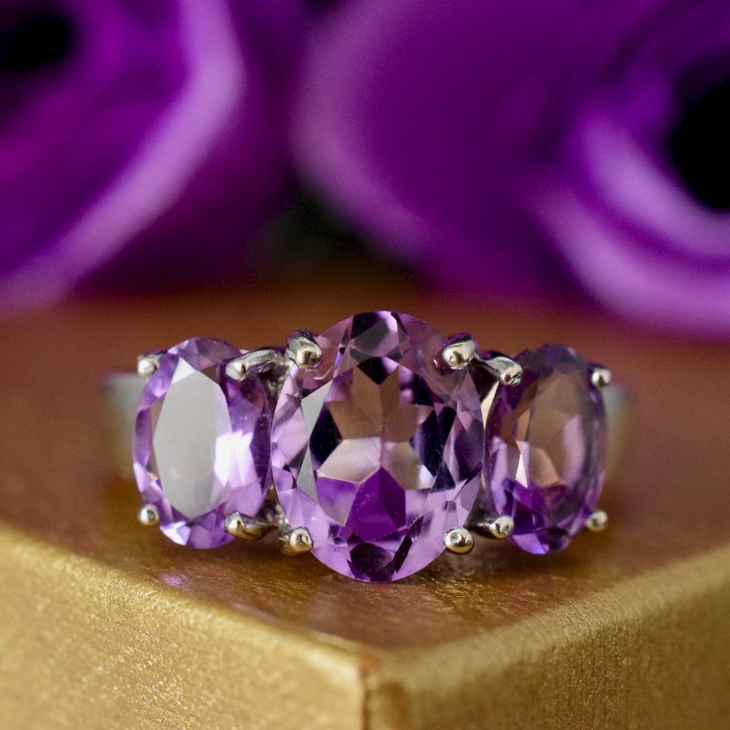 Modern 9ct White Gold Oval Amethyst Trilogy Ring