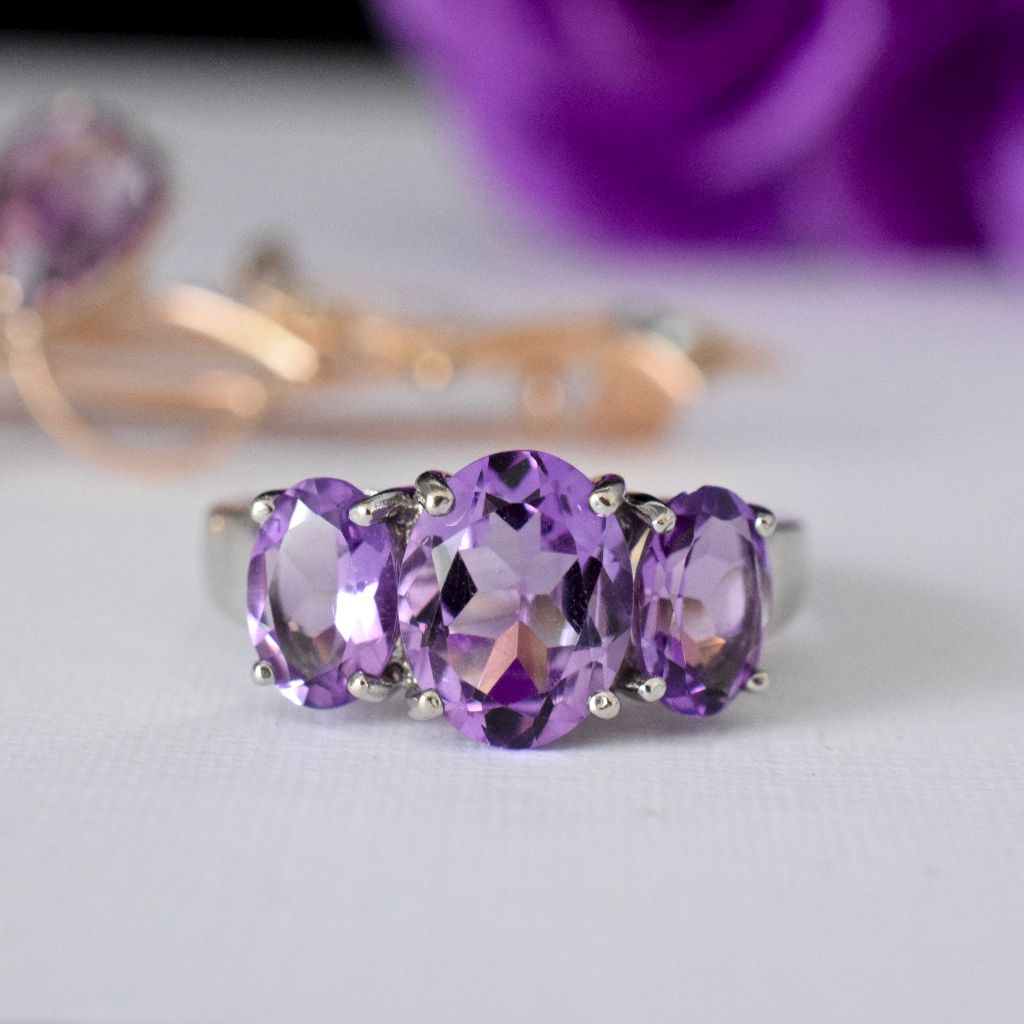 Modern 9ct White Gold Oval Amethyst Trilogy Ring