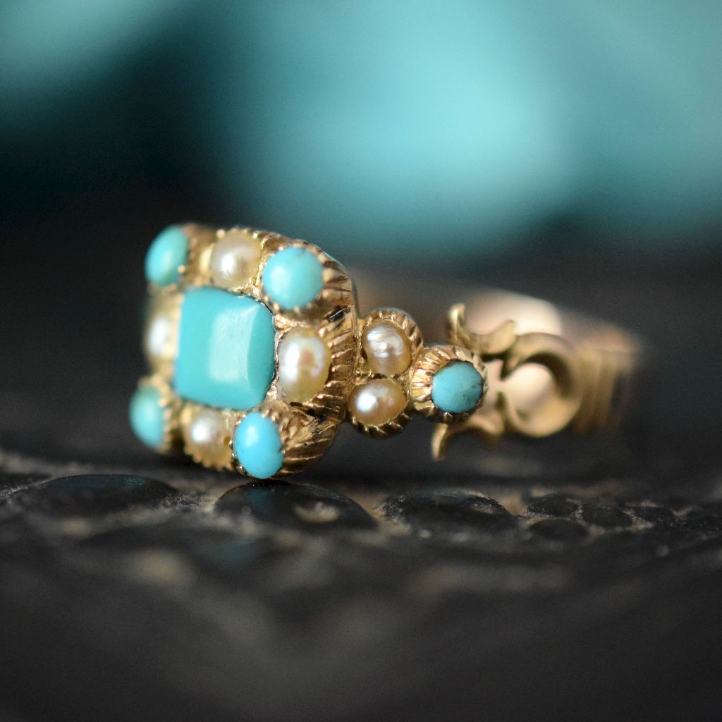 Antique Georgian 15ct Gold Turquoise And Seed Pearl ring Circa 1810
