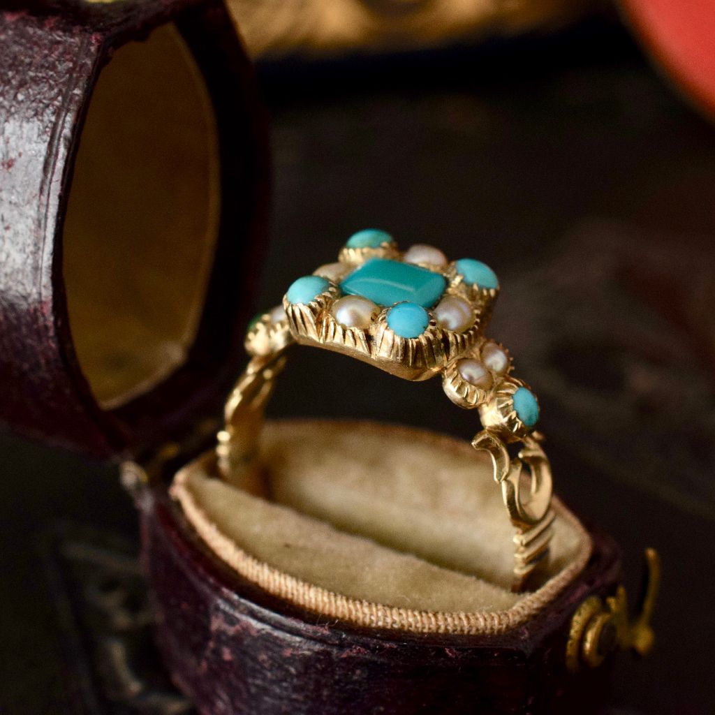 Antique Georgian 15ct Gold Turquoise And Seed Pearl ring Circa 1810