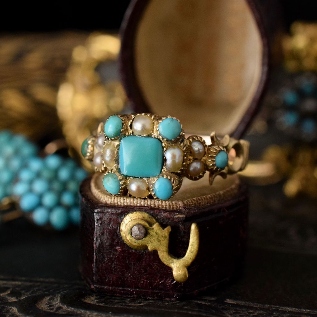 Antique Georgian 15ct Gold Turquoise And Seed Pearl ring Circa 1810