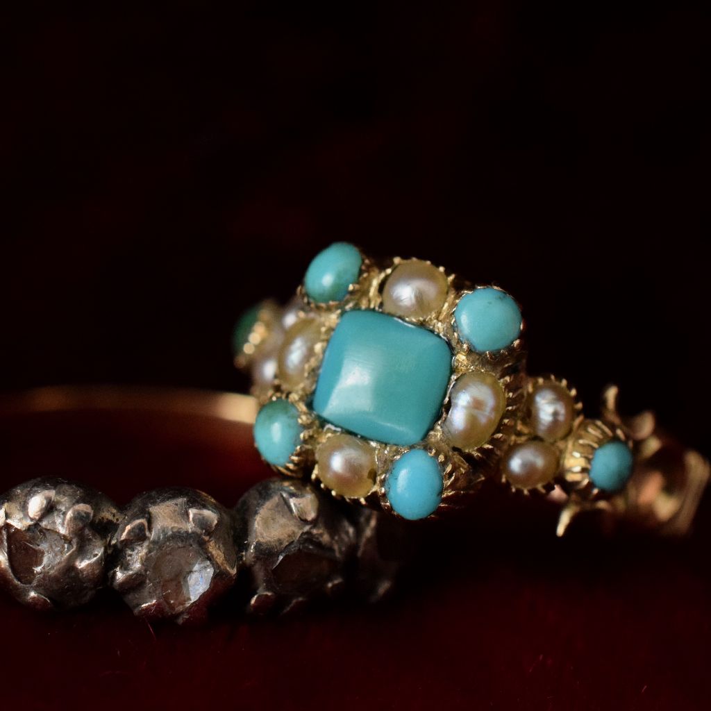 Antique Georgian 15ct Gold Turquoise And Seed Pearl ring Circa 1810