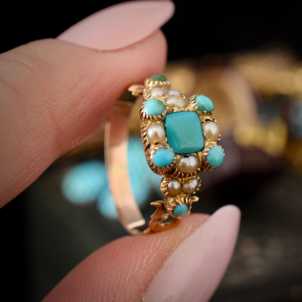 Antique Georgian 15ct Gold Turquoise And Seed Pearl ring Circa 1810