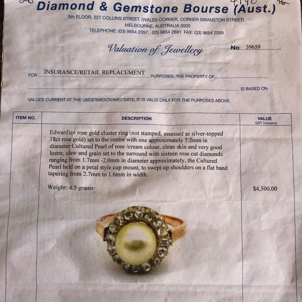 Antique Edwardian 18ct Rose Gold Pearl And Rose-Cut Diamond Ring Circa 1910 (Independent valuation from 2017 included with purchase $4500 AUD)